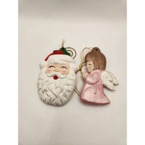 Vintage Christmas Ornaments Lot‎ Of 2 Ceramic 3" Santa And Angel